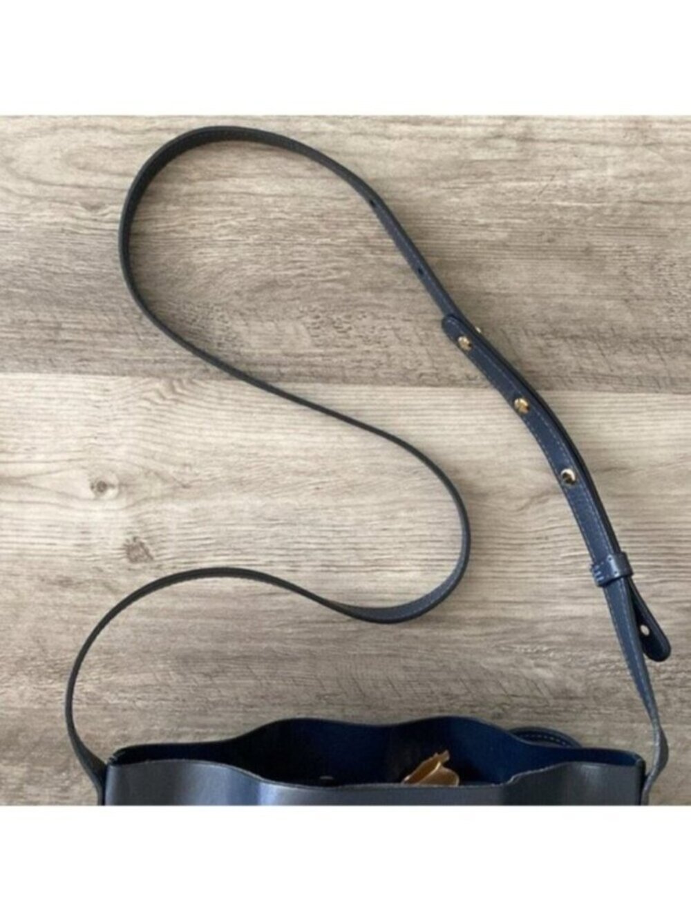 Mansur Gavriel Leather Bucket Bag Drawstring Navy Blue Gold Hardware Purse $695 - Picture 6 of 15